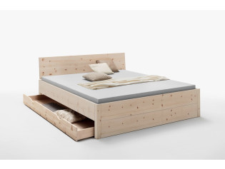 Zirbenholzbett Tarja ink Lehne mit geöffnetem Bettkasten